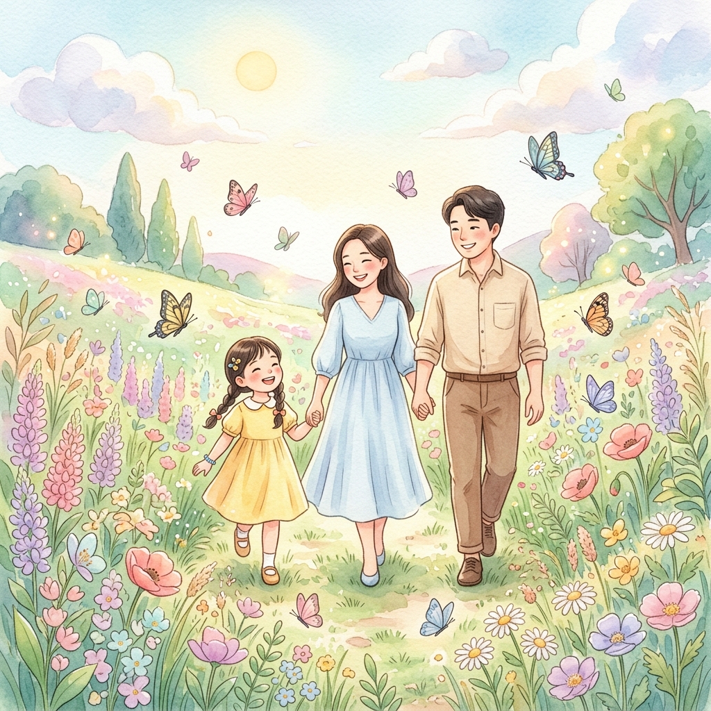 꽃밭을 걷는 가족