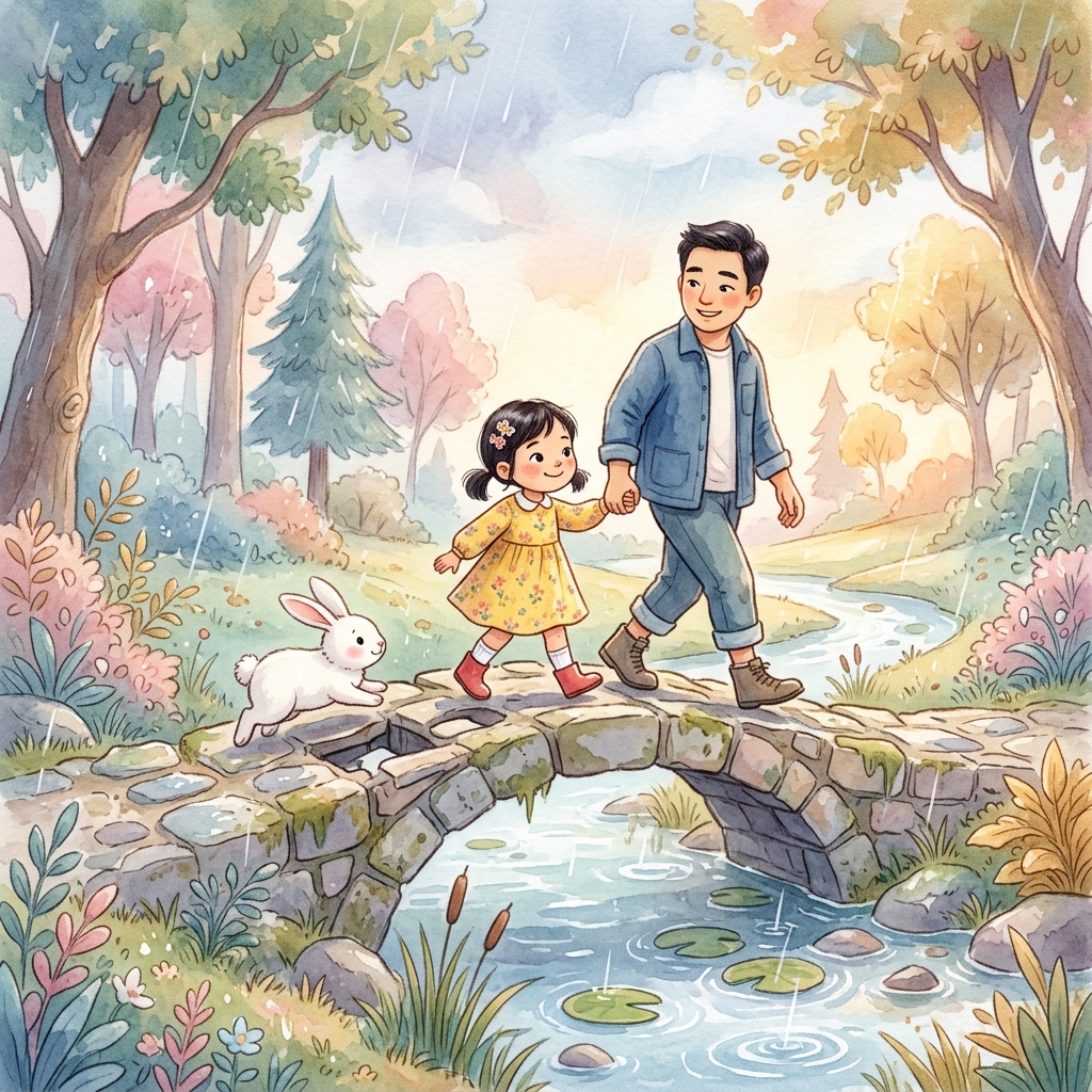돌다리를 건너는 이서와 아빠