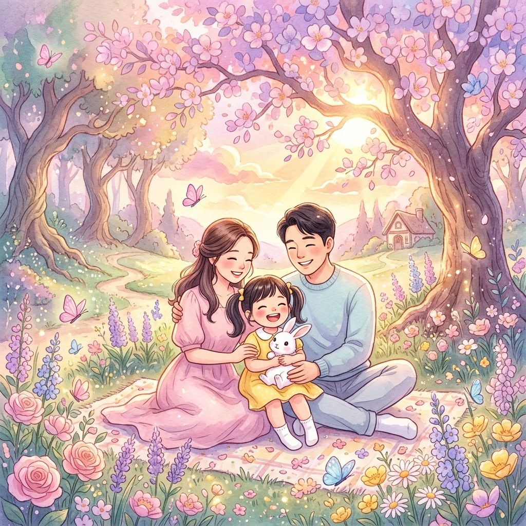 행복한 가족과 토끼